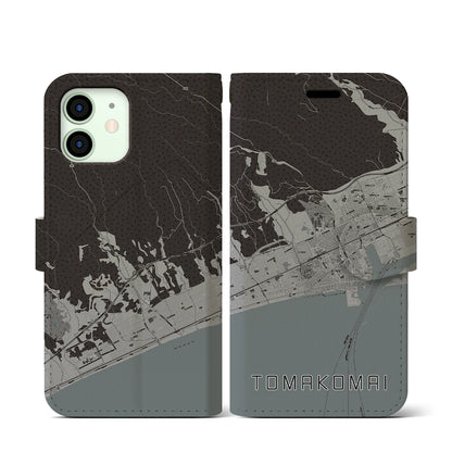 【苫小牧（北海道）】地図柄iPhoneケース（手帳タイプ）モノトーン・iPhone 12 mini 用