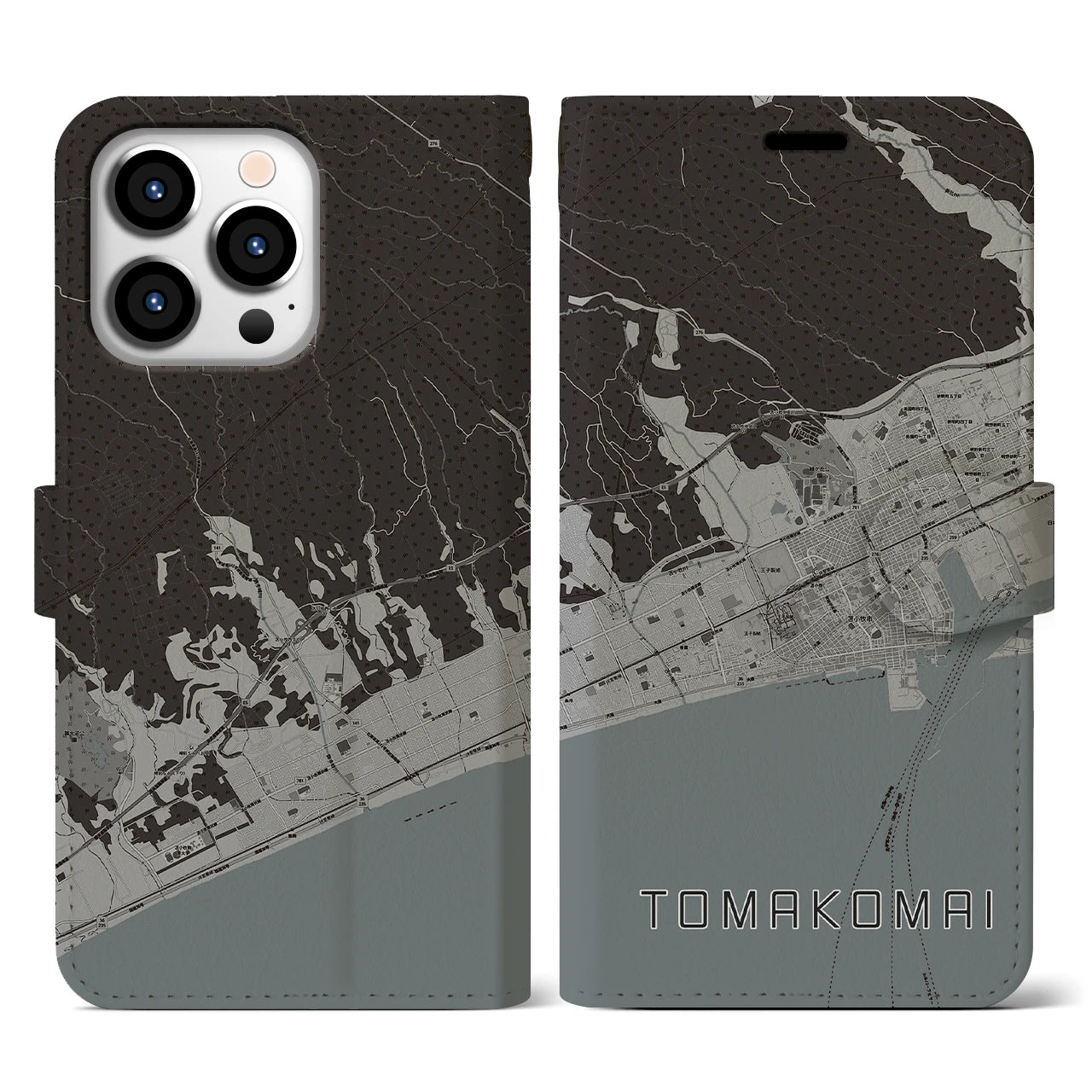 【苫小牧】地図柄iPhoneケース（手帳両面タイプ・モノトーン）iPhone 13 Pro 用