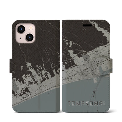 【苫小牧（北海道）】地図柄iPhoneケース（手帳タイプ）モノトーン・iPhone 13 mini 用