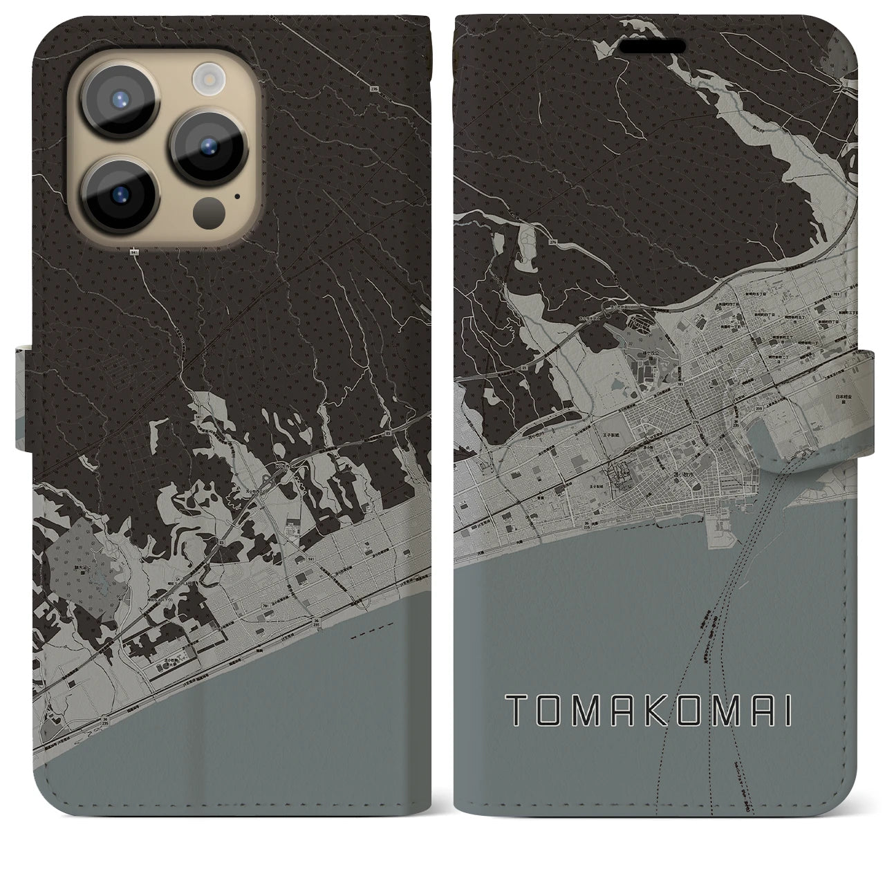 【苫小牧】地図柄iPhoneケース（手帳両面タイプ・モノトーン）iPhone 14 Pro Max 用