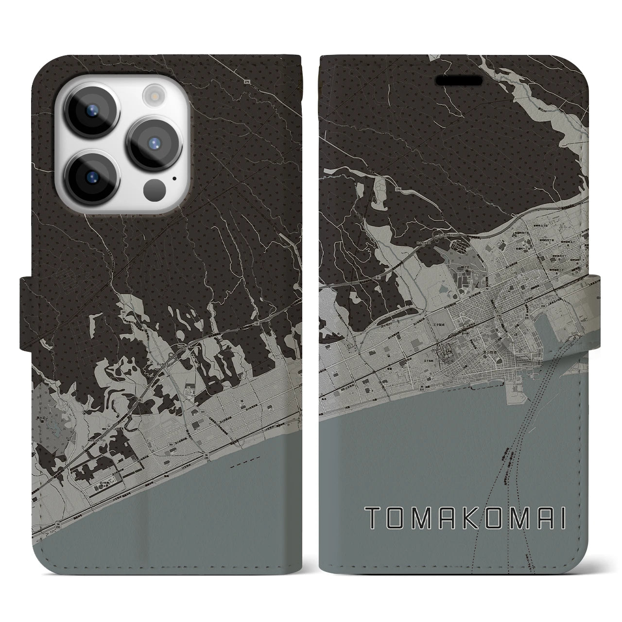 【苫小牧】地図柄iPhoneケース（手帳両面タイプ・モノトーン）iPhone 14 Pro 用