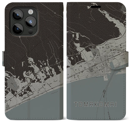 【苫小牧（北海道）】地図柄iPhoneケース（手帳タイプ）モノトーン・iPhone 15 Pro Max 用