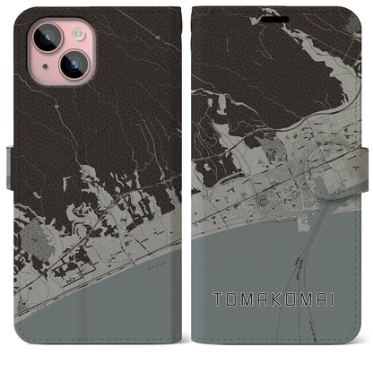 【苫小牧（北海道）】地図柄iPhoneケース（手帳タイプ）モノトーン・iPhone 15 Plus 用