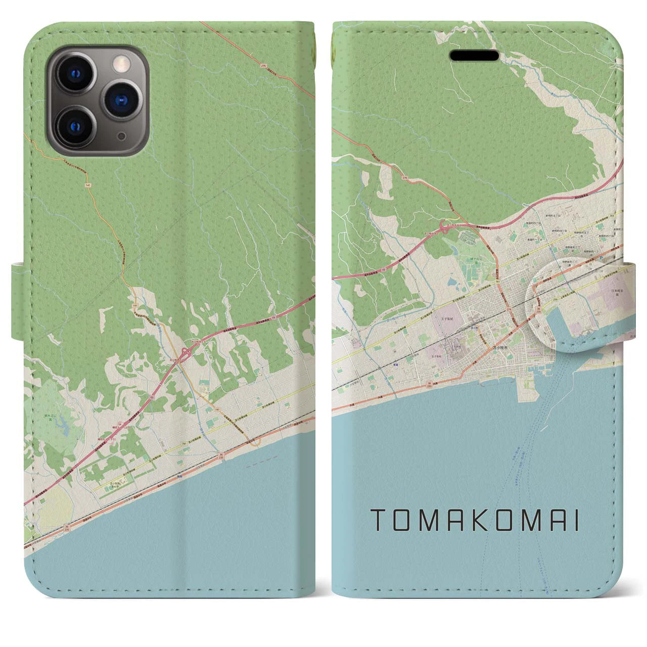 【苫小牧】地図柄iPhoneケース（手帳両面タイプ・ナチュラル）iPhone 11 Pro Max 用