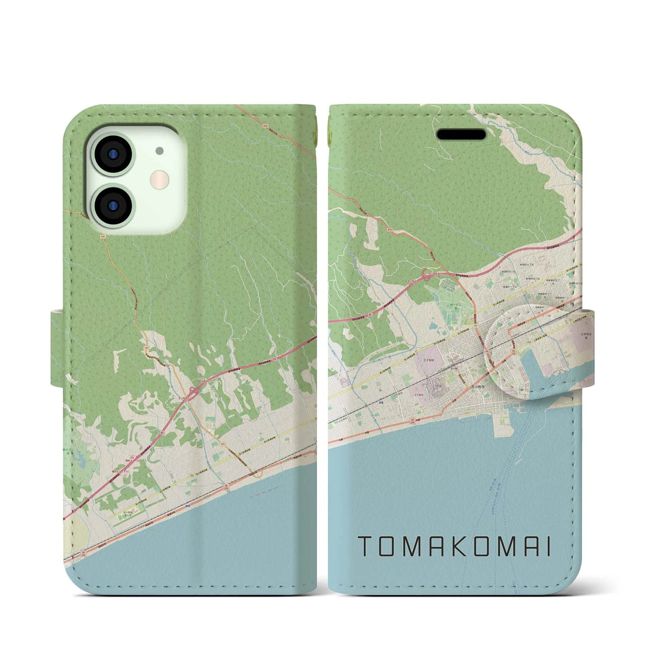 【苫小牧】地図柄iPhoneケース（手帳両面タイプ・ナチュラル）iPhone 12 mini 用