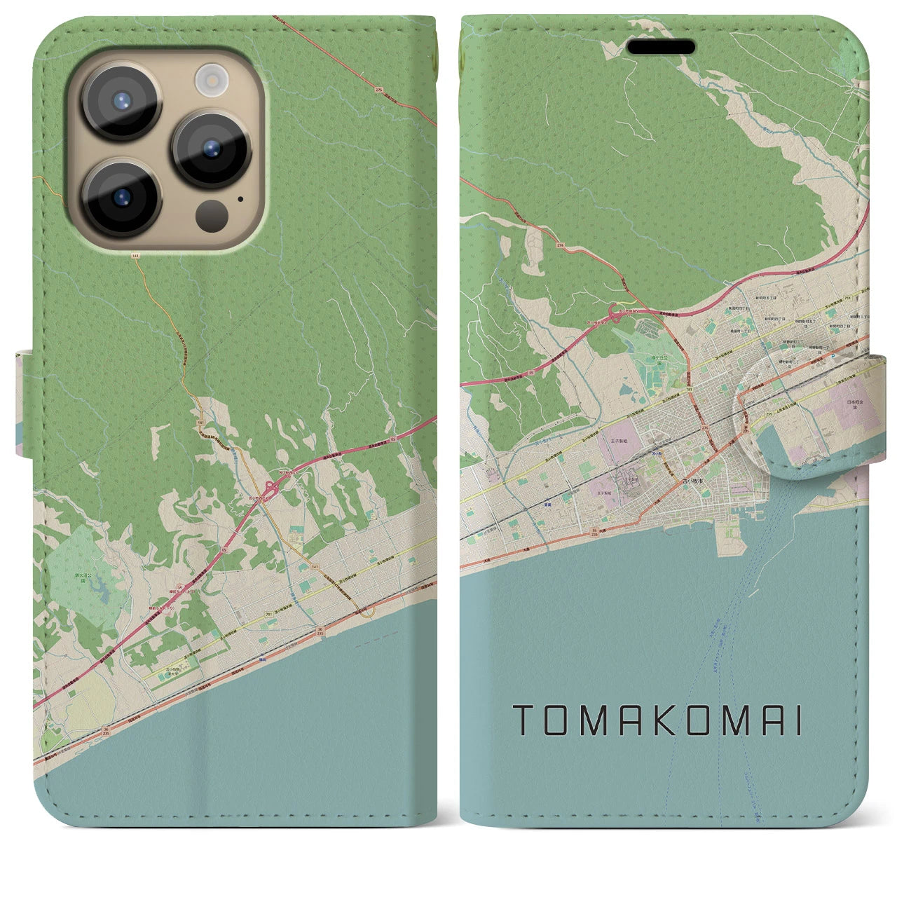 【苫小牧】地図柄iPhoneケース（手帳両面タイプ・ナチュラル）iPhone 14 Pro Max 用