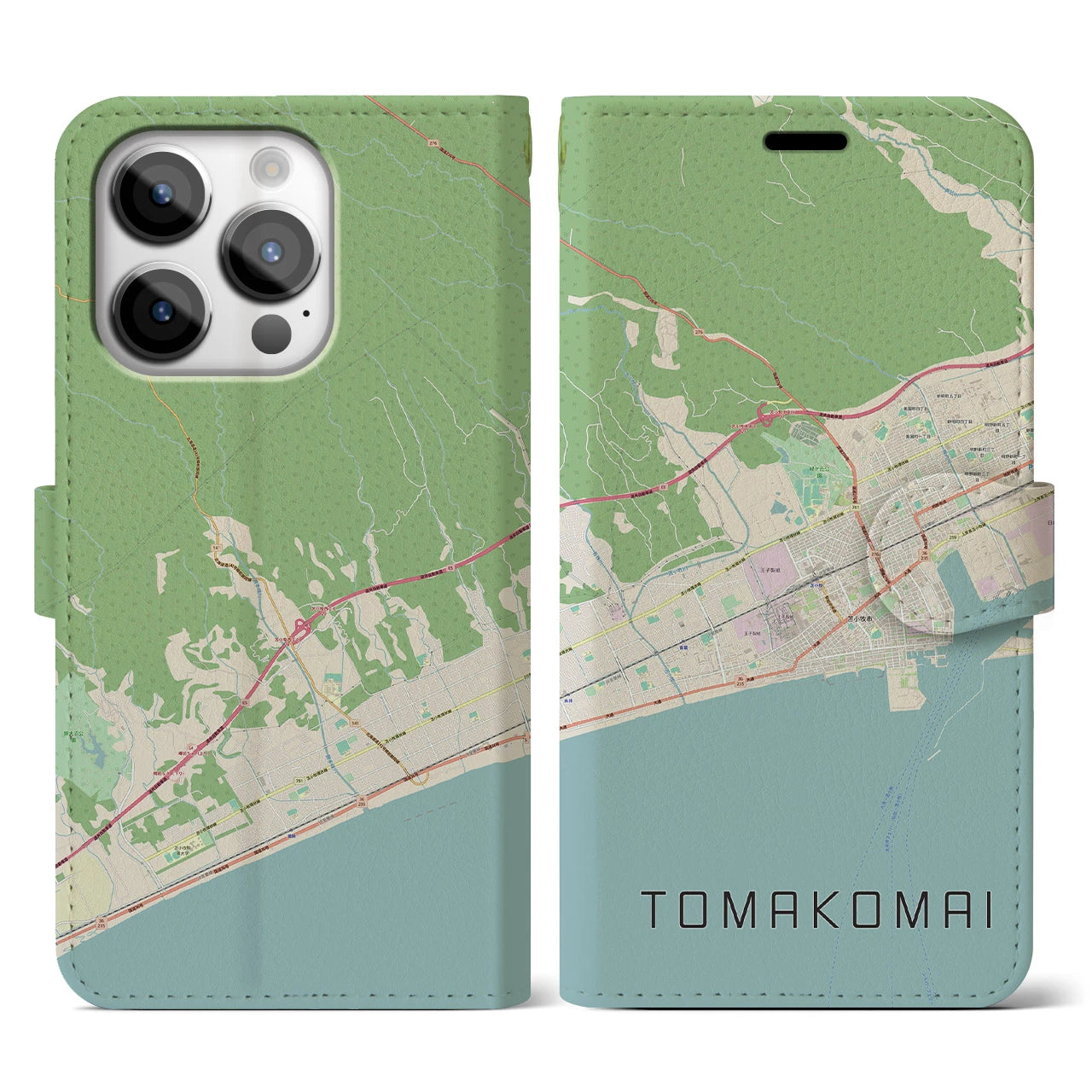【苫小牧】地図柄iPhoneケース（手帳両面タイプ・ナチュラル）iPhone 14 Pro 用