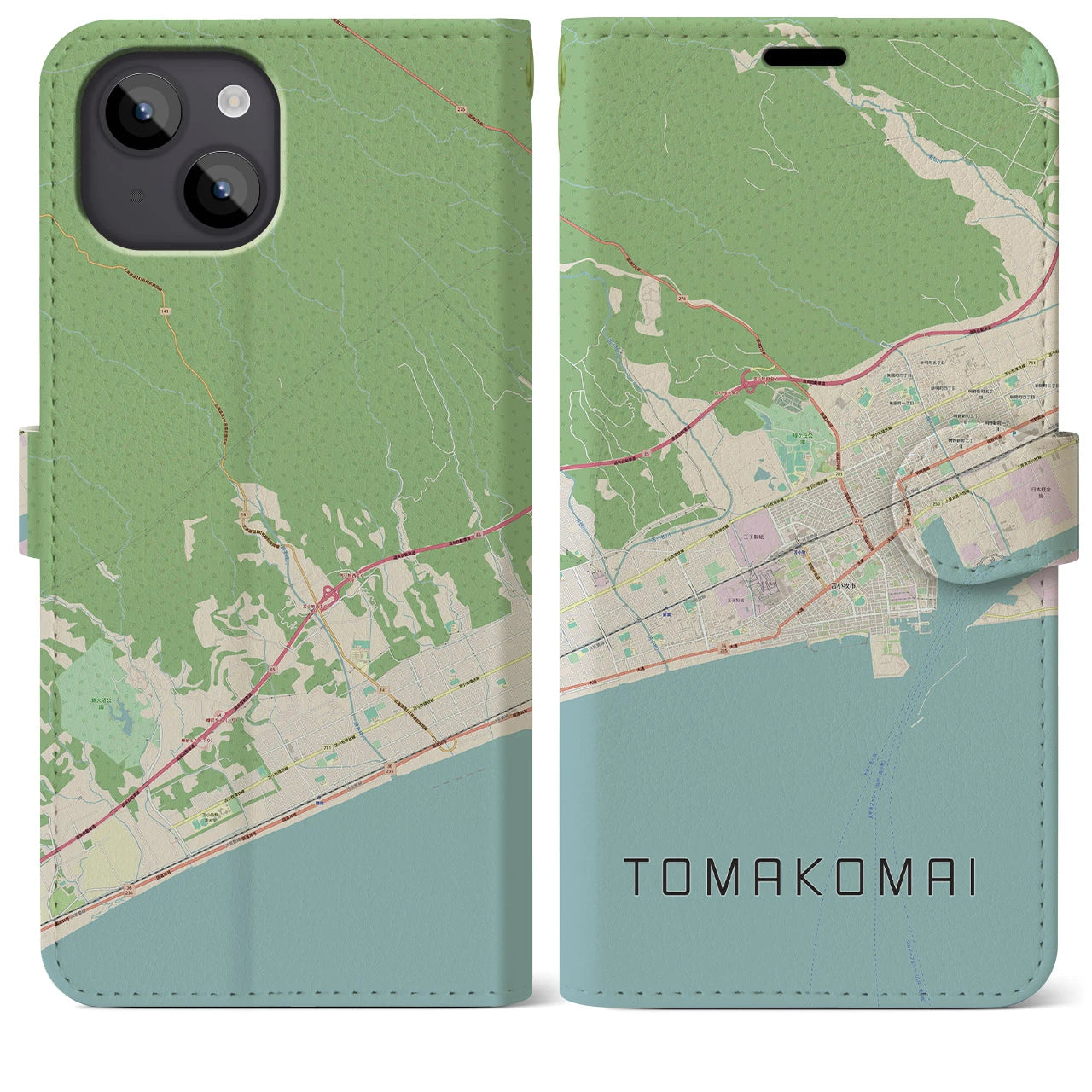【苫小牧】地図柄iPhoneケース（手帳両面タイプ・ナチュラル）iPhone 14 Plus 用