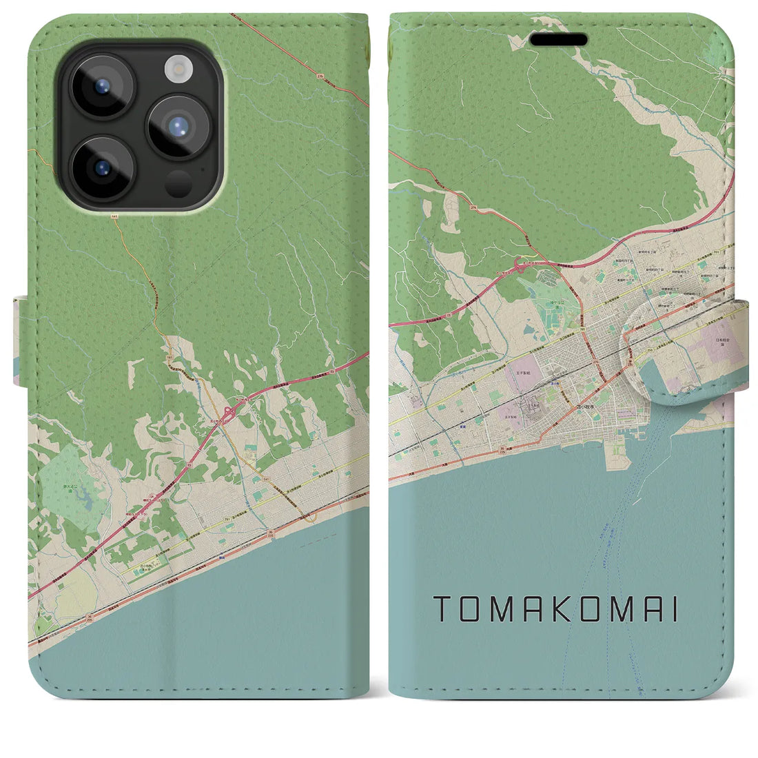 【苫小牧】地図柄iPhoneケース（手帳両面タイプ・ナチュラル）iPhone 15 Pro Max 用