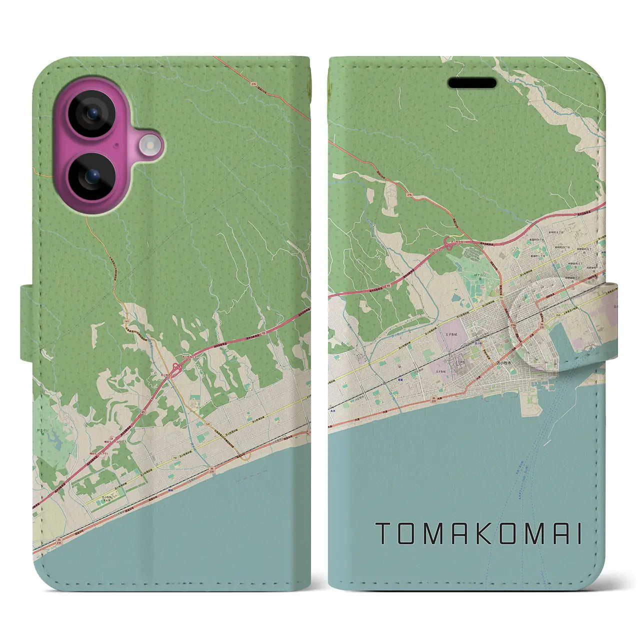 【苫小牧（北海道）】地図柄iPhoneケース（手帳タイプ）ナチュラル・iPhone 16 Pro 用