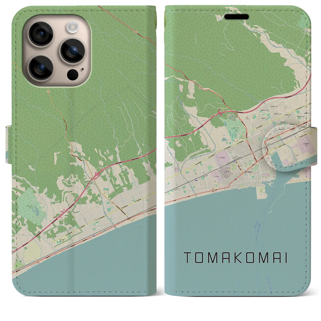 【苫小牧（北海道）】地図柄iPhoneケース（手帳タイプ）ナチュラル・iPhone 16 Plus 用