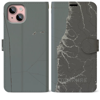 【苫前（北海道）】地図柄iPhoneケース（手帳タイプ）モノトーン・iPhone 15 Plus 用