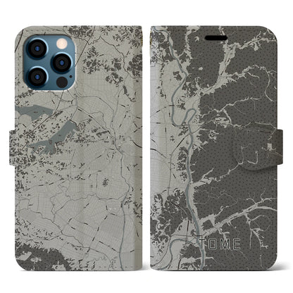 【登米（宮城県）】地図柄iPhoneケース（手帳タイプ）モノトーン・iPhone 12 / 12 Pro 用