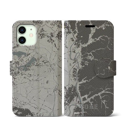 【登米（宮城県）】地図柄iPhoneケース（手帳タイプ）モノトーン・iPhone 12 mini 用