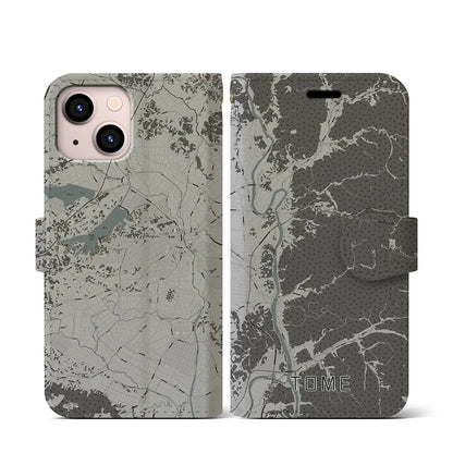 【登米（宮城県）】地図柄iPhoneケース（手帳タイプ）モノトーン・iPhone 13 mini 用