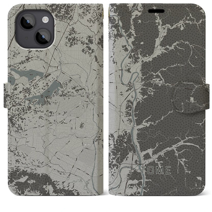 【登米（宮城県）】地図柄iPhoneケース（手帳タイプ）モノトーン・iPhone 14 Plus 用