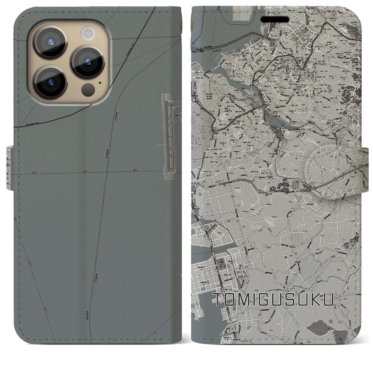 【豊見城】地図柄iPhoneケース（手帳両面タイプ・モノトーン）iPhone 14 Pro Max 用