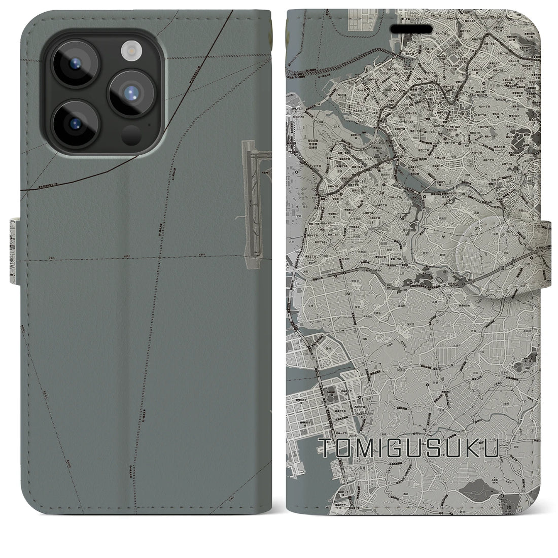 【豊見城】地図柄iPhoneケース（手帳両面タイプ・モノトーン）iPhone 15 Pro Max 用