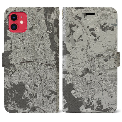 【富雄（奈良県）】地図柄iPhoneケース（手帳タイプ）モノトーン・iPhone 11 用