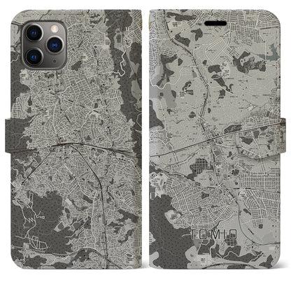 【富雄（奈良県）】地図柄iPhoneケース（手帳タイプ）モノトーン・iPhone 11 Pro Max 用