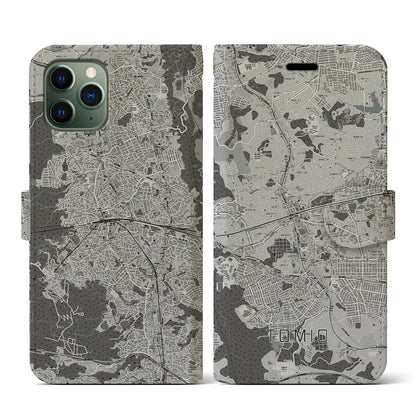 【富雄（奈良県）】地図柄iPhoneケース（手帳タイプ）モノトーン・iPhone 11 Pro 用