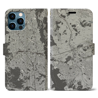 【富雄（奈良県）】地図柄iPhoneケース（手帳タイプ）モノトーン・iPhone 12 / 12 Pro 用