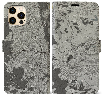 【富雄（奈良県）】地図柄iPhoneケース（手帳タイプ）モノトーン・iPhone 12 Pro Max 用