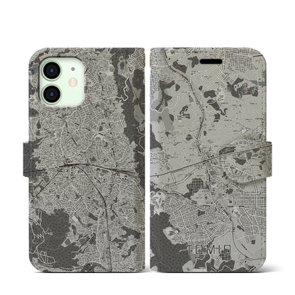 【富雄（奈良県）】地図柄iPhoneケース（手帳タイプ）モノトーン・iPhone 12 mini 用