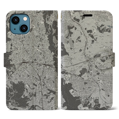 【富雄（奈良県）】地図柄iPhoneケース（手帳タイプ）モノトーン・iPhone 13 用