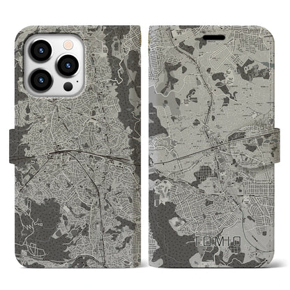 【富雄（奈良県）】地図柄iPhoneケース（手帳タイプ）モノトーン・iPhone 13 Pro 用