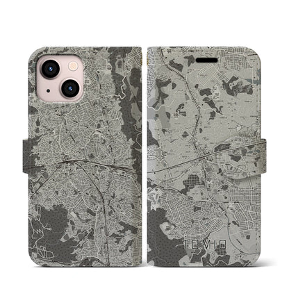 【富雄（奈良県）】地図柄iPhoneケース（手帳タイプ）モノトーン・iPhone 13 mini 用