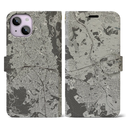 【富雄（奈良県）】地図柄iPhoneケース（手帳タイプ）モノトーン・iPhone 14 用