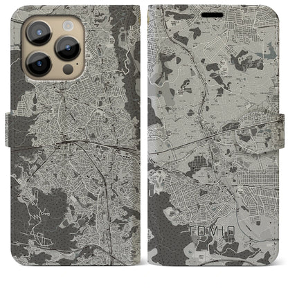 【富雄（奈良県）】地図柄iPhoneケース（手帳タイプ）モノトーン・iPhone 14 Pro Max 用