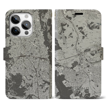 【富雄（奈良県）】地図柄iPhoneケース（手帳タイプ）モノトーン・iPhone 14 Pro 用