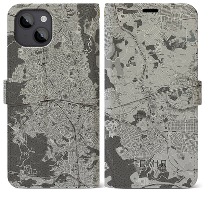 【富雄（奈良県）】地図柄iPhoneケース（手帳タイプ）モノトーン・iPhone 14 Plus 用