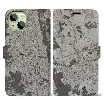 【富雄（奈良県）】地図柄iPhoneケース（手帳タイプ）モノトーン・iPhone 15 用