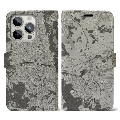 【富雄（奈良県）】地図柄iPhoneケース（手帳タイプ）モノトーン・iPhone 15 Pro 用