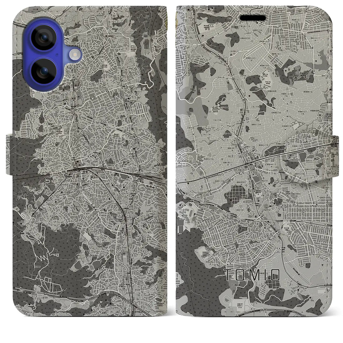 【富雄(奈良県)】地図柄iPhoneケース(手帳タイプ)モノトーン・iPhone 16 Pro Max 用