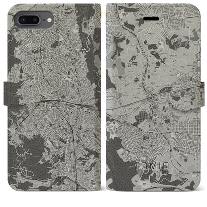 【富雄（奈良県）】地図柄iPhoneケース（手帳タイプ）モノトーン・iPhone 8Plus /7Plus / 6sPlus / 6Plus 用