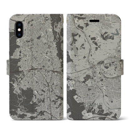 【富雄（奈良県）】地図柄iPhoneケース（手帳タイプ）モノトーン・iPhone XS / X 用