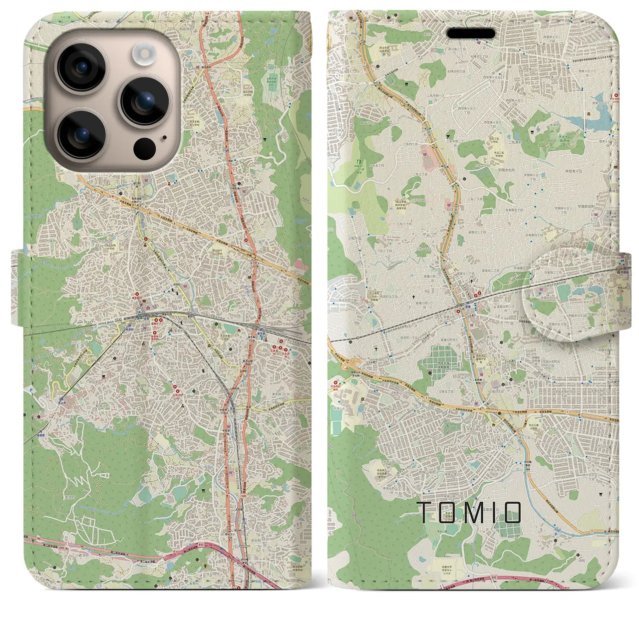 【富雄（奈良県）】地図柄iPhoneケース（手帳タイプ）ナチュラル・iPhone 16 Plus 用