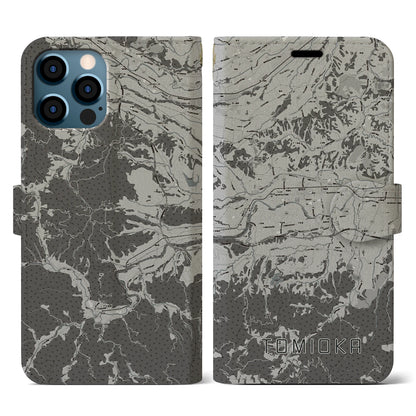 【富岡（群馬県）】地図柄iPhoneケース（手帳タイプ）モノトーン・iPhone 12 / 12 Pro 用