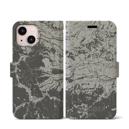 【富岡（群馬県）】地図柄iPhoneケース（手帳タイプ）モノトーン・iPhone 13 mini 用