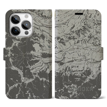 【富岡（群馬県）】地図柄iPhoneケース（手帳タイプ）モノトーン・iPhone 14 Pro 用