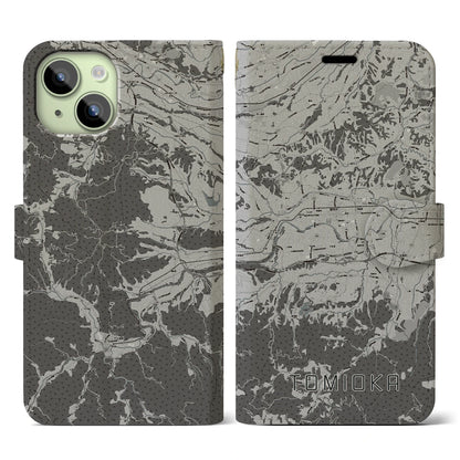 【富岡（群馬県）】地図柄iPhoneケース（手帳タイプ）モノトーン・iPhone 15 用