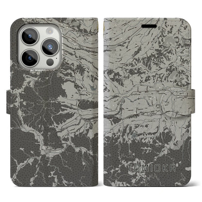 【富岡（群馬県）】地図柄iPhoneケース（手帳タイプ）モノトーン・iPhone 15 Pro 用