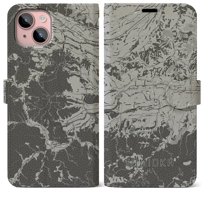 【富岡（群馬県）】地図柄iPhoneケース（手帳タイプ）モノトーン・iPhone 15 Plus 用