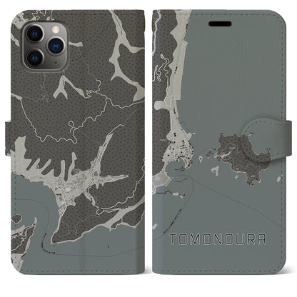 【鞆の浦（広島県）】地図柄iPhoneケース（手帳タイプ）モノトーン・iPhone 11 Pro Max 用