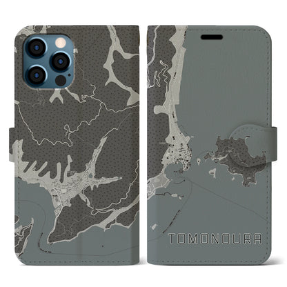 【鞆の浦（広島県）】地図柄iPhoneケース（手帳タイプ）モノトーン・iPhone 12 / 12 Pro 用