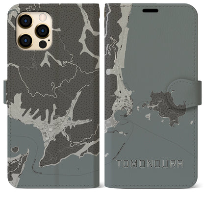 【鞆の浦（広島県）】地図柄iPhoneケース（手帳タイプ）モノトーン・iPhone 12 Pro Max 用